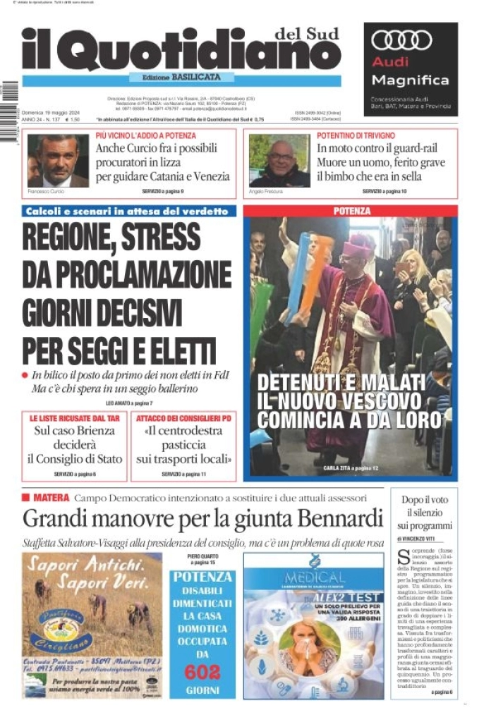 prima pagina - Il Quotidiano del Sud (Basilicata) del 19/05/2024