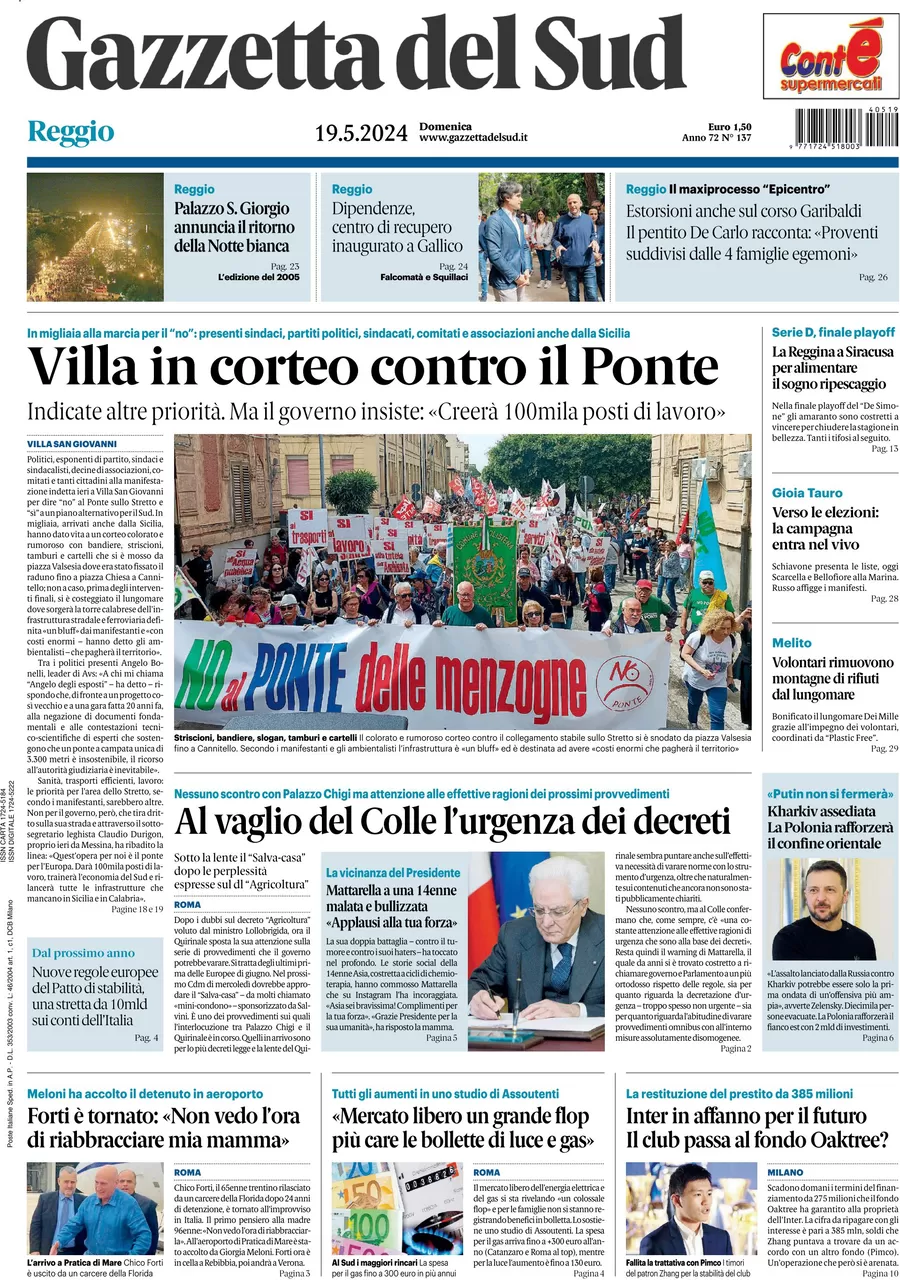 prima pagina - Gazzetta del Sud (Reggio Calabria) del 19/05/2024
