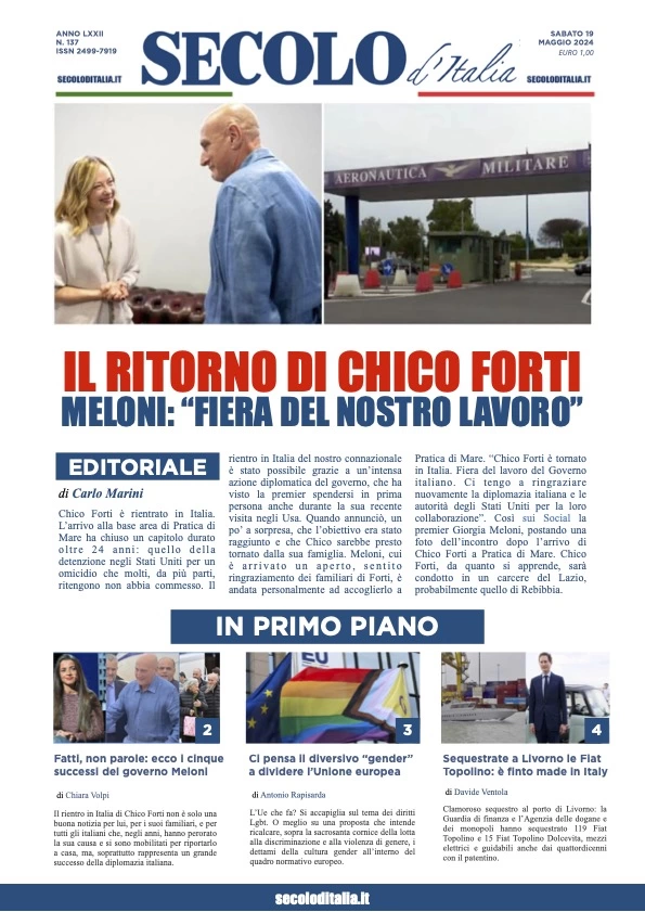 prima pagina - Secolo d'Italia del 19/05/2024
