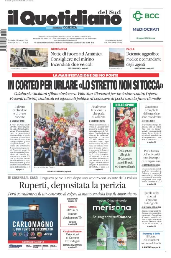 prima pagina - Il Quotidiano del Sud (Cosenza) del 19/05/2024