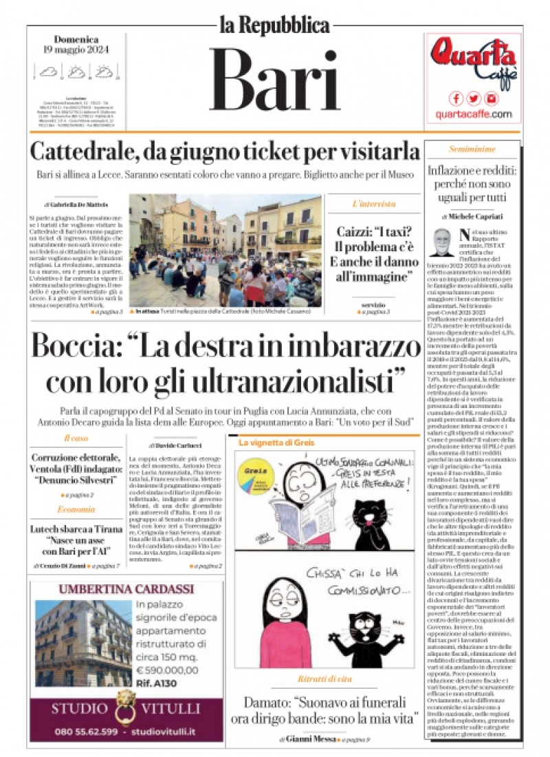 prima pagina - La Repubblica (Bari) del 19/05/2024