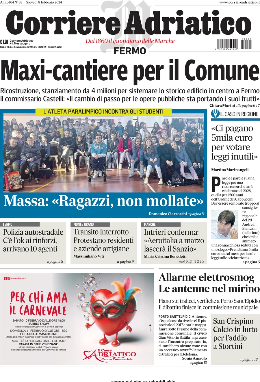 prima pagina - Corriere Adriatico (Fermo) del 09/02/2024