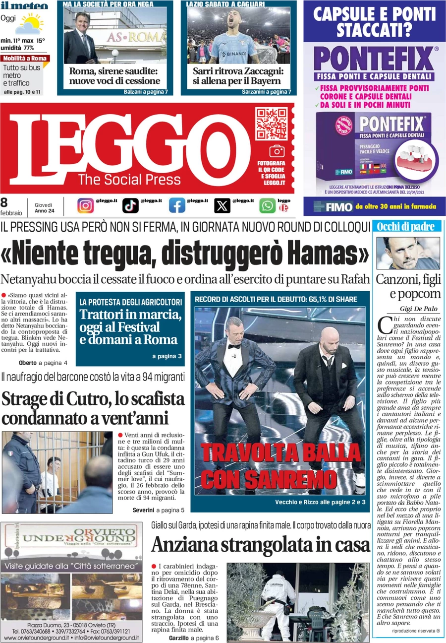 anteprima della prima pagina di leggo-roma del 09/02/2024