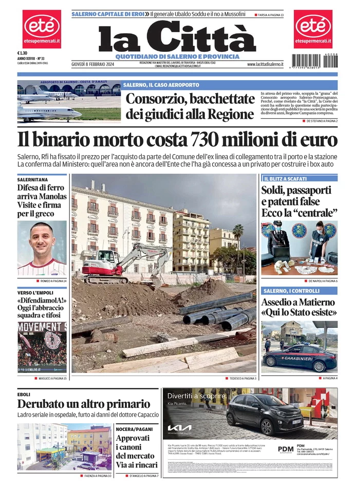 prima pagina - La Citt (Salerno) del 09/02/2024