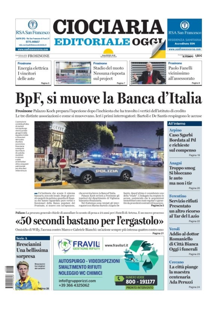 prima pagina - Ciociaria Editoriale Oggi del 09/02/2024