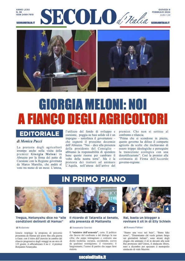 prima pagina - Secolo d'Italia del 09/02/2024