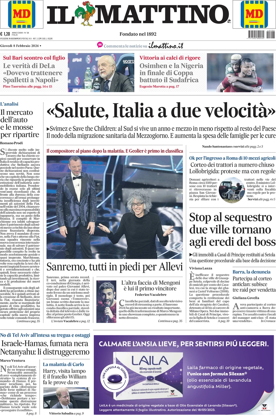 anteprima della prima pagina di il-mattino del 09/02/2024