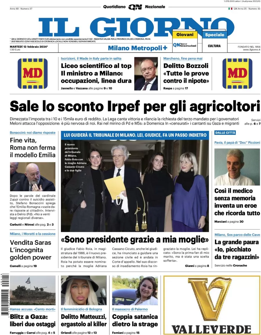 prima pagina - Il Giorno (Milano Metropoli) del 13/02/2024