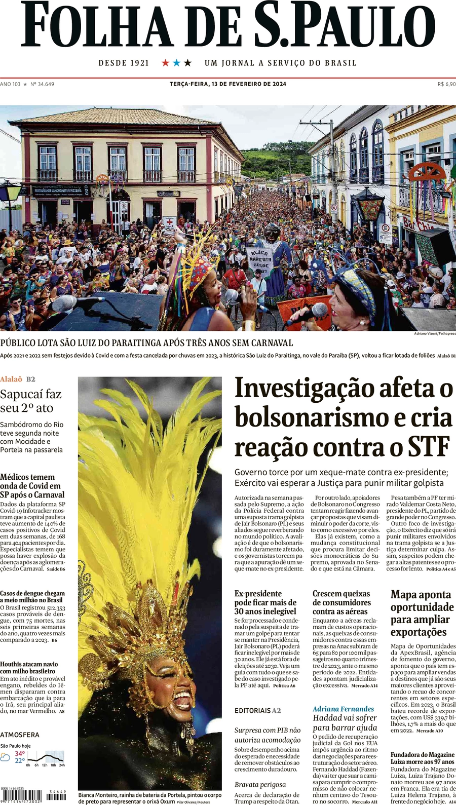 anteprima della prima pagina di folha-de-s.paulo del 13/02/2024