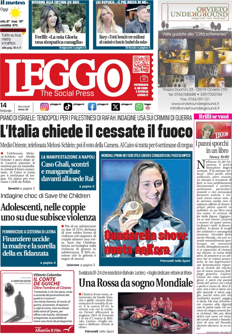 anteprima della prima pagina di leggo-roma del 13/02/2024