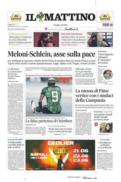 anteprima della prima pagina di il-mattino del 13/02/2024