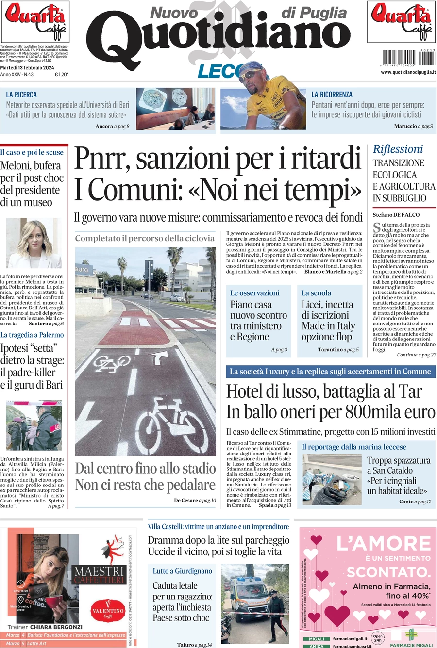 prima pagina - Nuovo Quotidiano di Puglia (Lecce) del 13/02/2024
