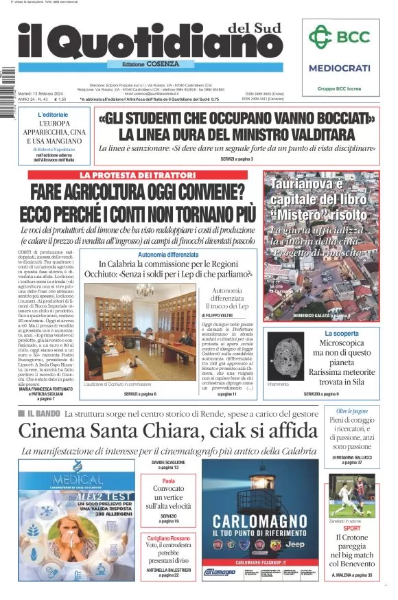 prima pagina - Il Quotidiano del Sud (Cosenza) del 13/02/2024