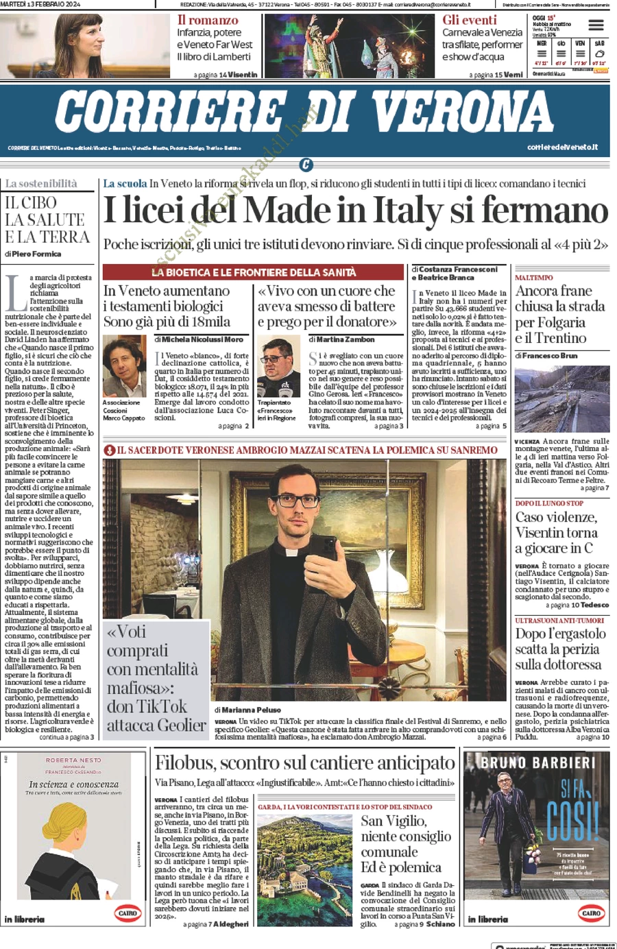 prima pagina - Corriere di Verona del 13/02/2024