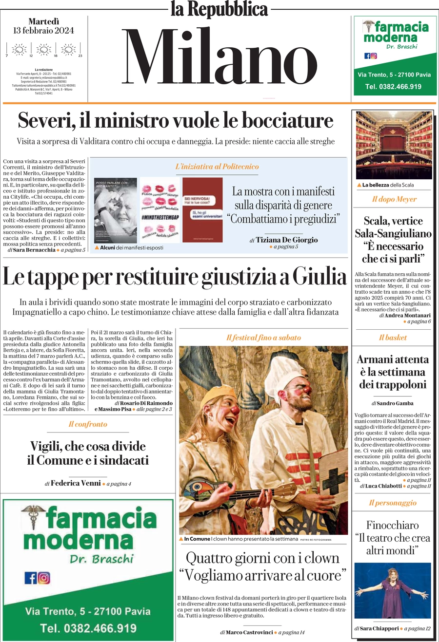 prima pagina - La Repubblica (Milano) del 13/02/2024