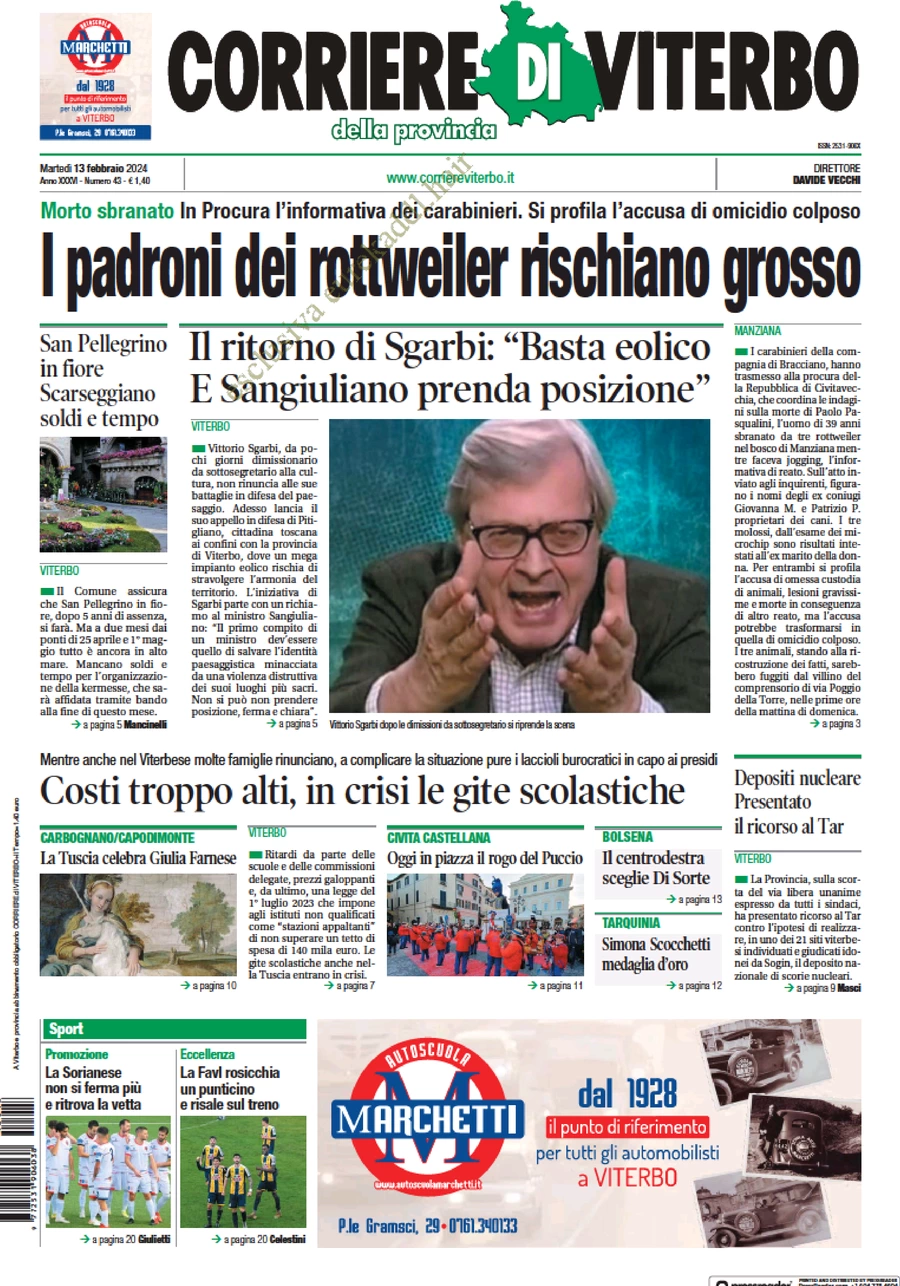 prima pagina - Corriere di Viterbo del 13/02/2024