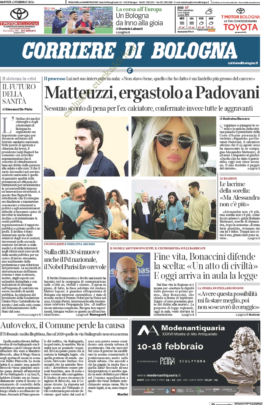 prima pagina - Corriere di Bologna del 13/02/2024