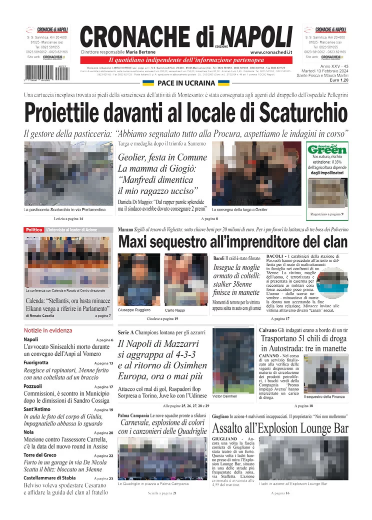 anteprima della prima pagina di cronache-di-napoli del 13/02/2024