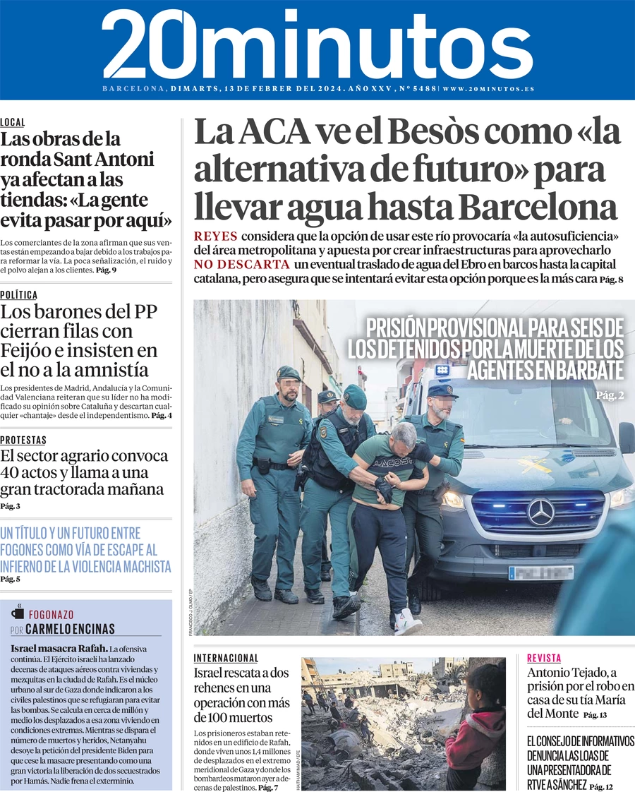 anteprima della prima pagina di 20-minutos-barcelona del 13/02/2024
