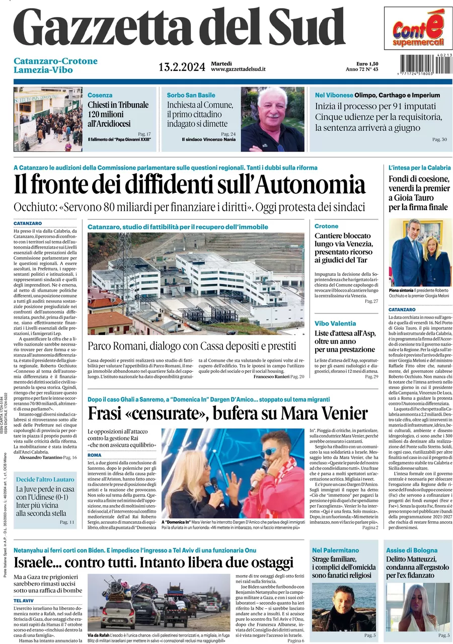prima pagina - Gazzetta del Sud (Catanzaro) del 13/02/2024