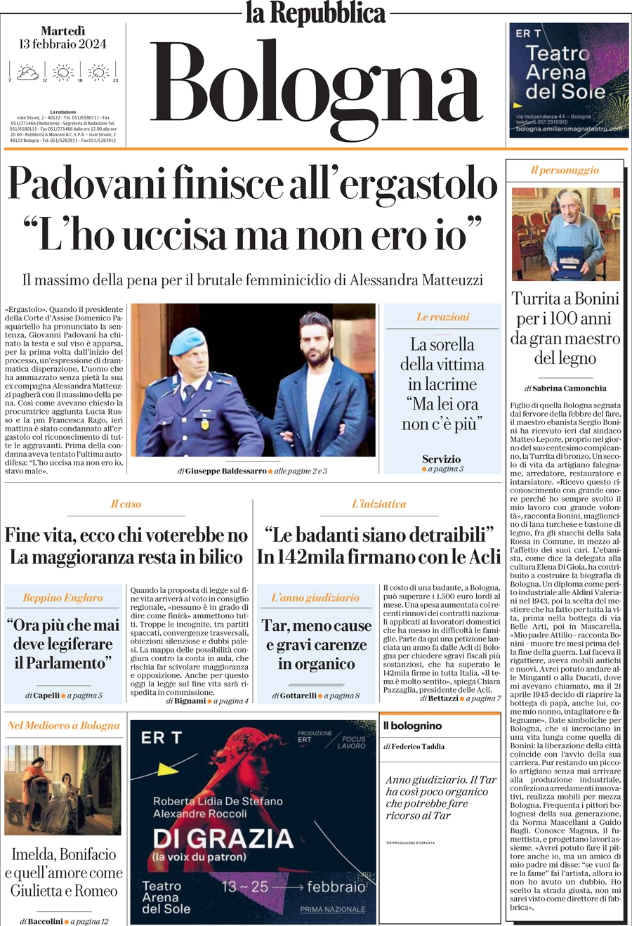 prima pagina - La Repubblica (Bologna) del 13/02/2024