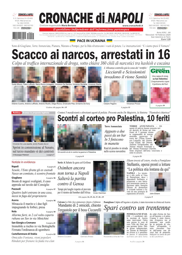 anteprima della prima pagina di cronache-di-napoli del 14/02/2024