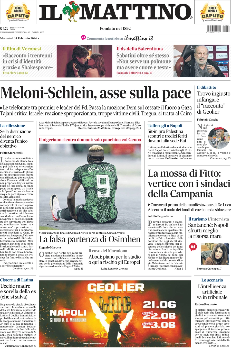 anteprima della prima pagina di il-mattino del 14/02/2024