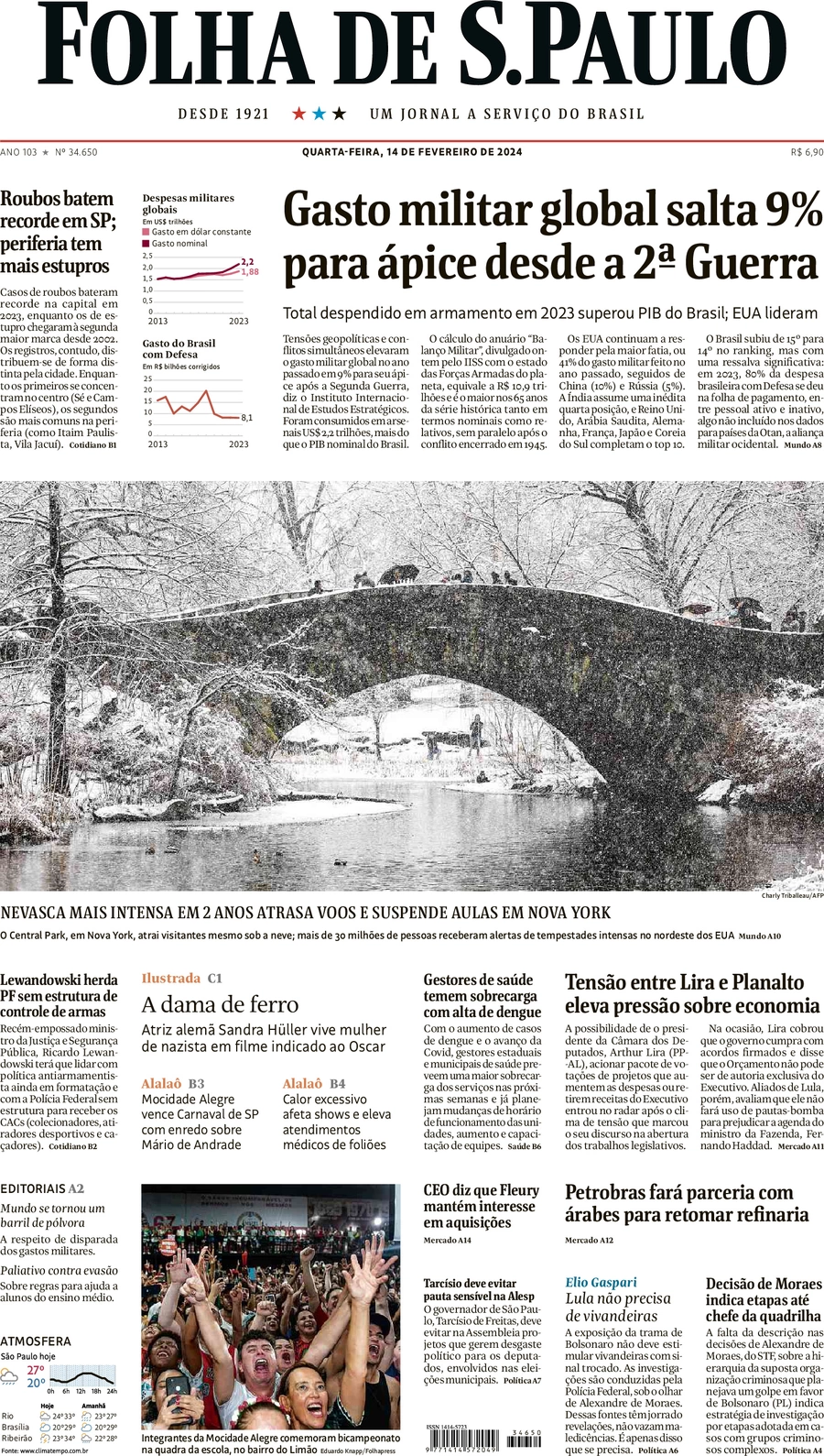 anteprima della prima pagina di folha-de-s.paulo del 14/02/2024