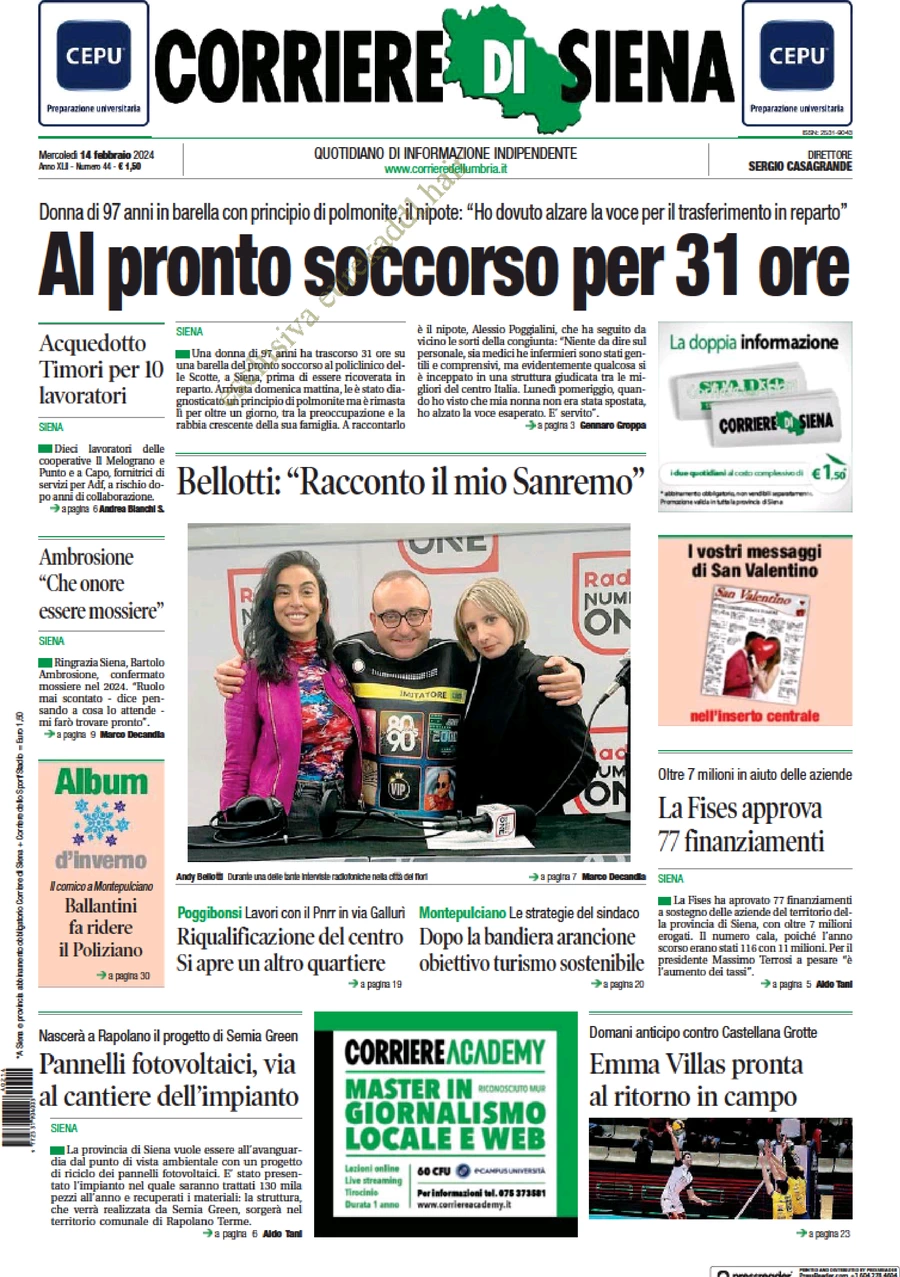 prima pagina - Corriere di Siena del 14/02/2024