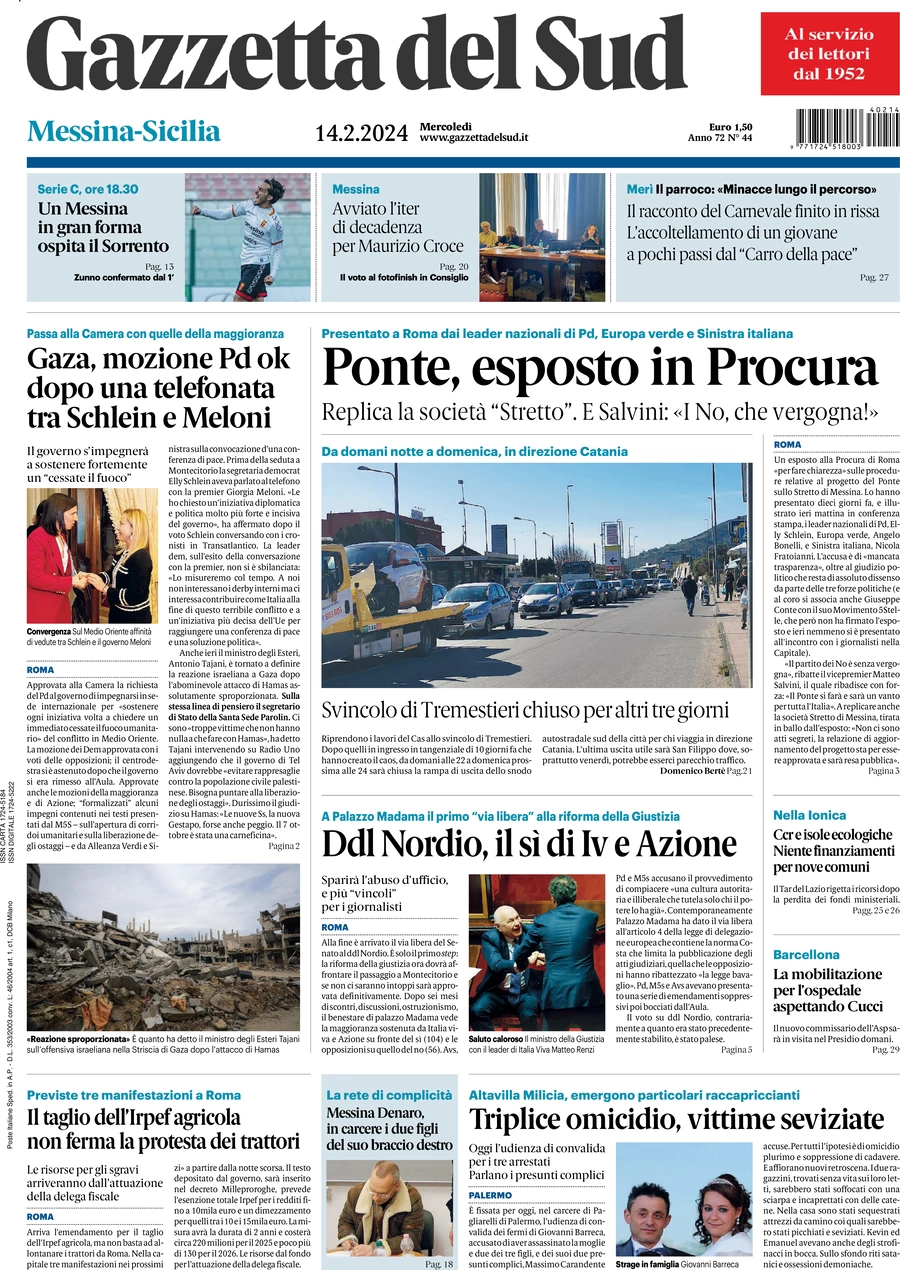 prima pagina - Gazzetta del Sud (Messina) del 14/02/2024
