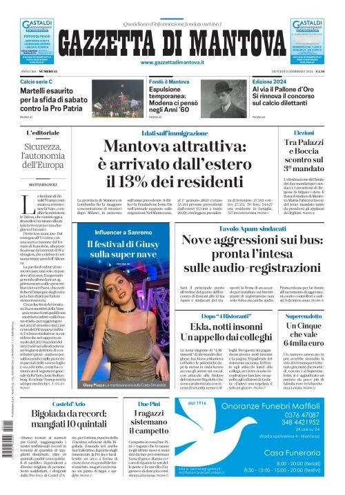 prima pagina - Gazzetta di Mantova del 14/02/2024
