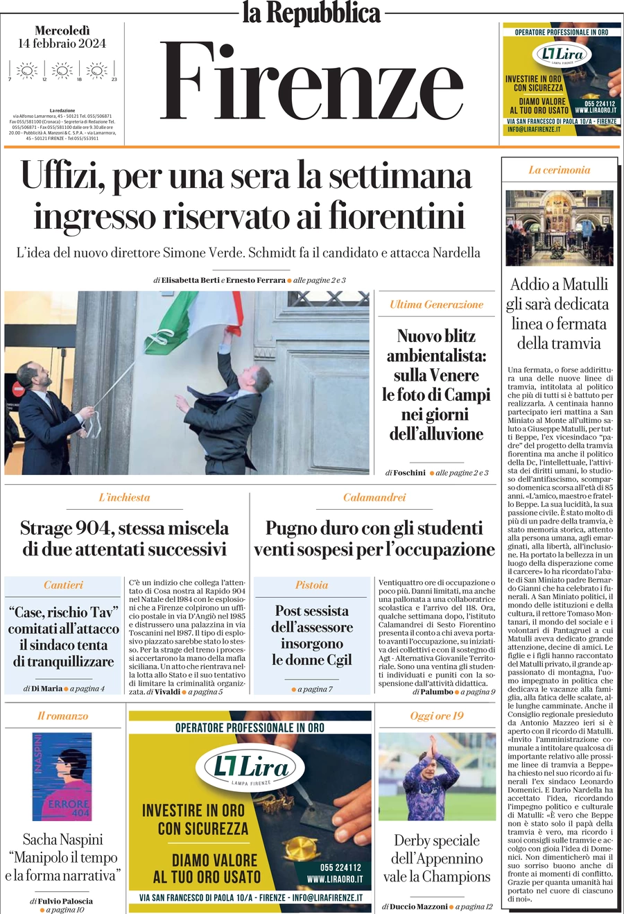 prima pagina - La Repubblica (Firenze) del 14/02/2024