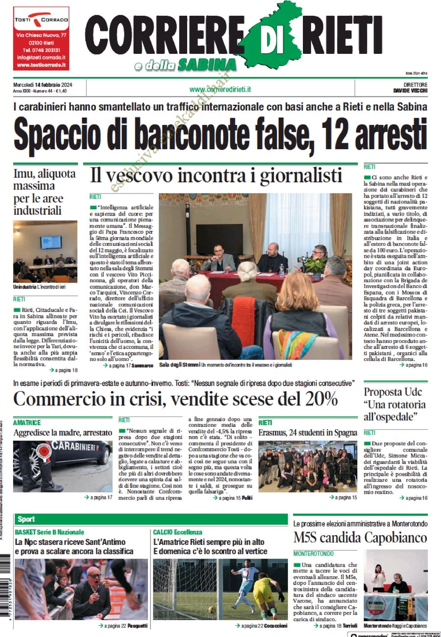 prima pagina - Corriere di Rieti e della Sabina del 14/02/2024
