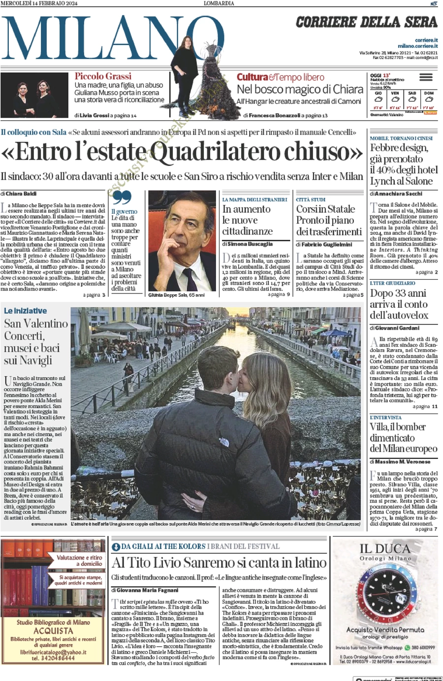 prima pagina - Corriere della Sera (Milano) del 14/02/2024