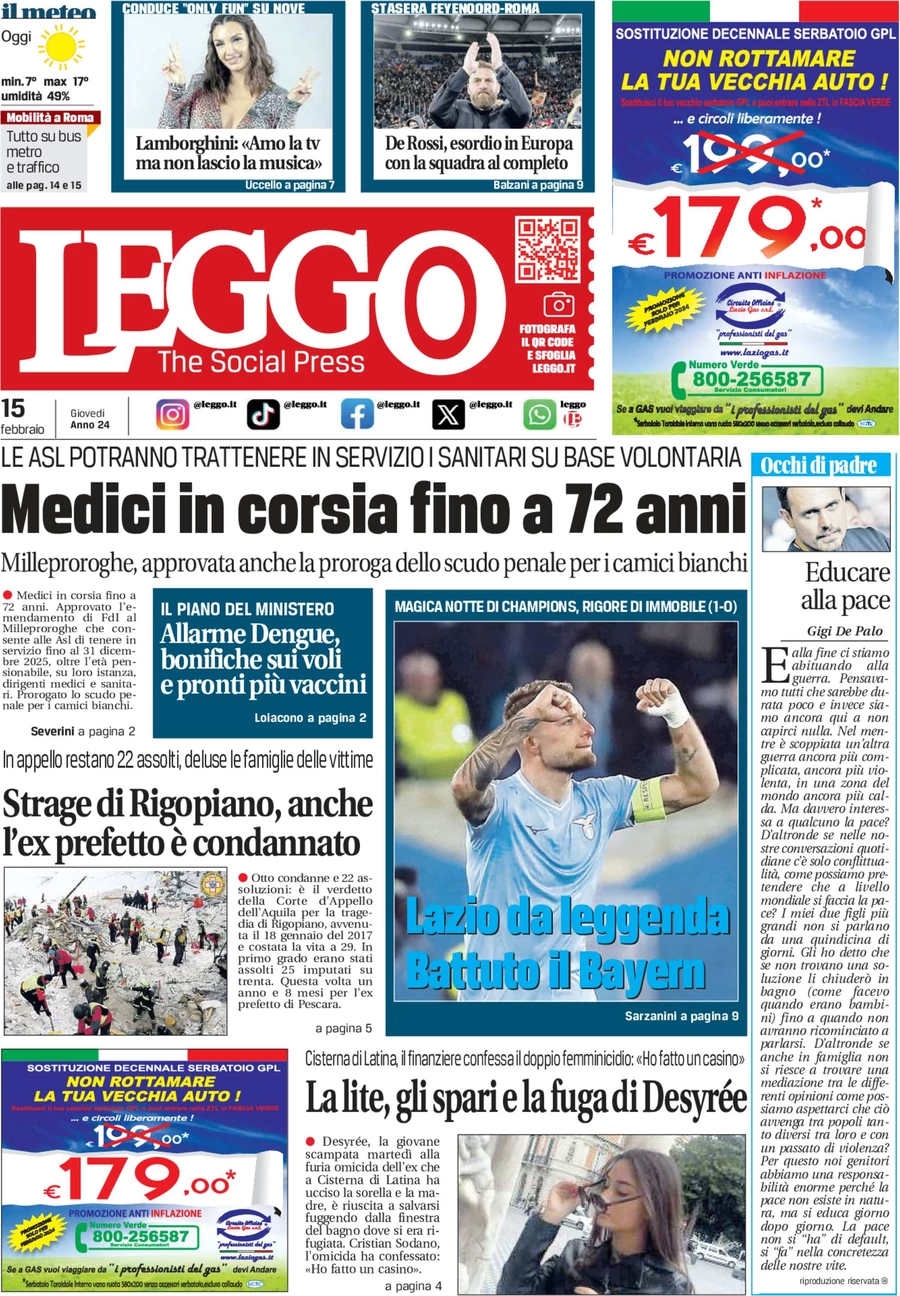 prima pagina - Leggo (Roma) del 15/02/2024