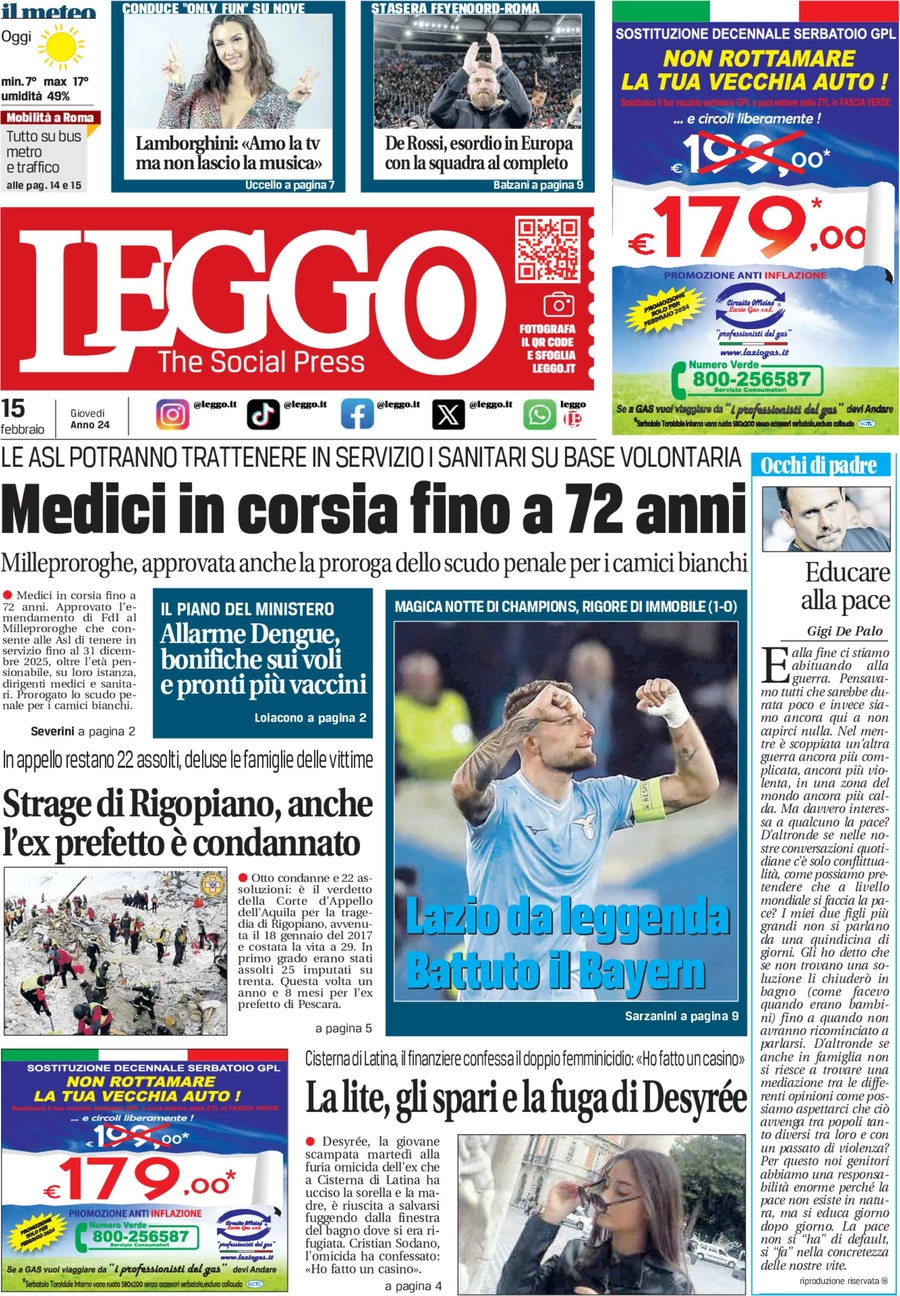 anteprima della prima pagina di leggo-roma del 15/02/2024