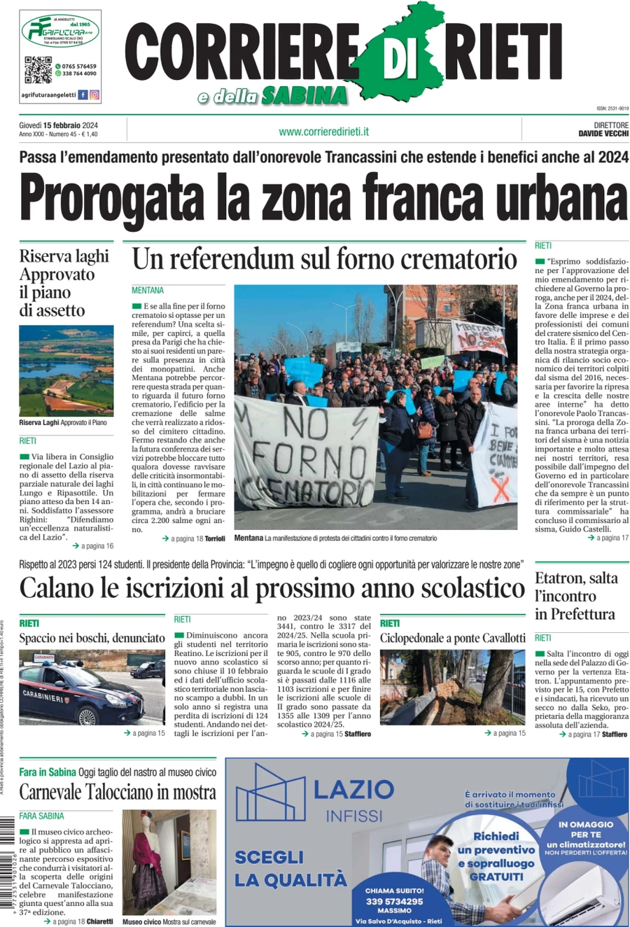 prima pagina - Corriere di Rieti e della Sabina del 15/02/2024