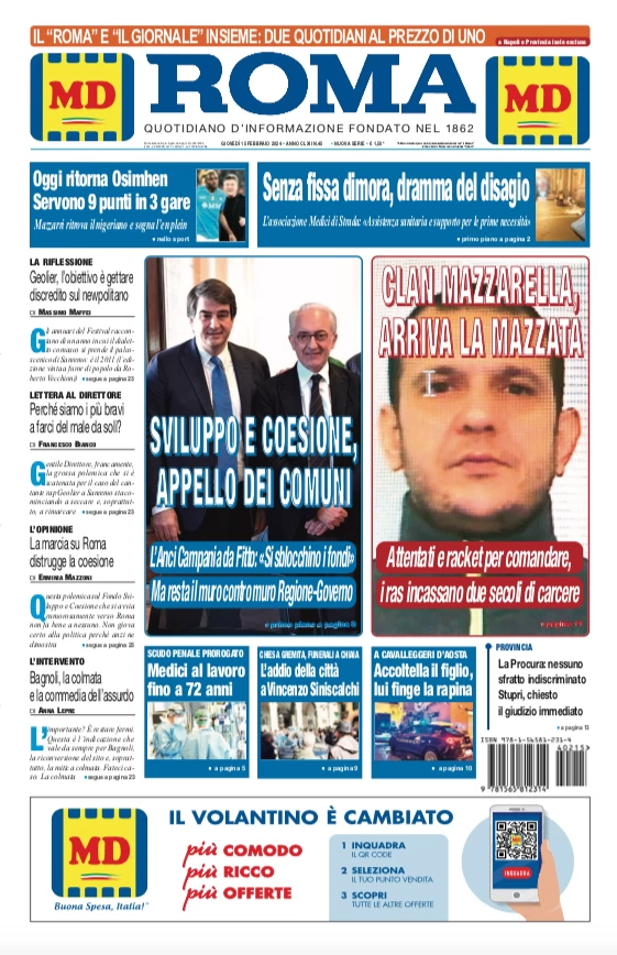 prima pagina - Il Roma (Quotidiano di Napoli) del 15/02/2024