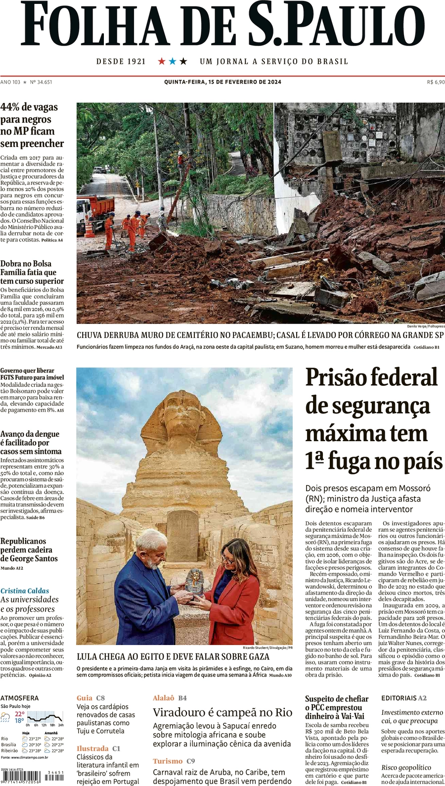 anteprima della prima pagina di folha-de-s.paulo del 15/02/2024