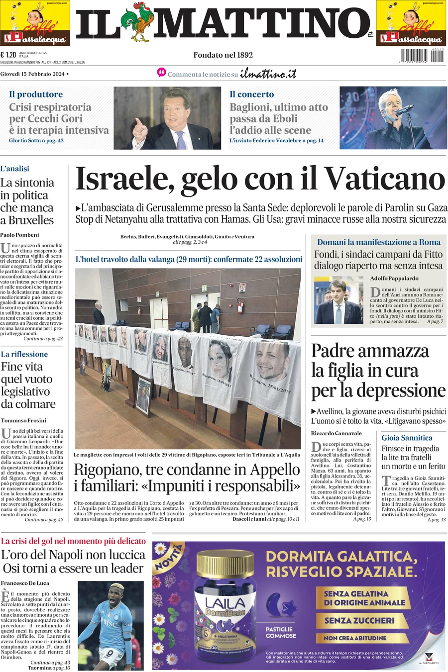 anteprima della prima pagina di il-mattino del 15/02/2024