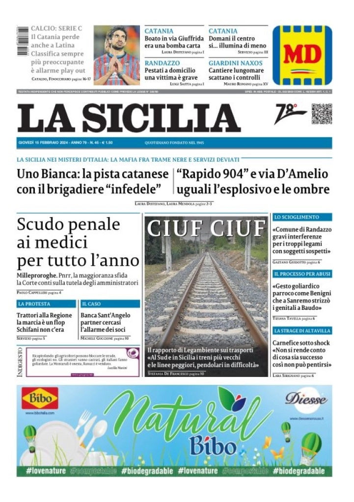 prima pagina - La Sicilia del 15/02/2024