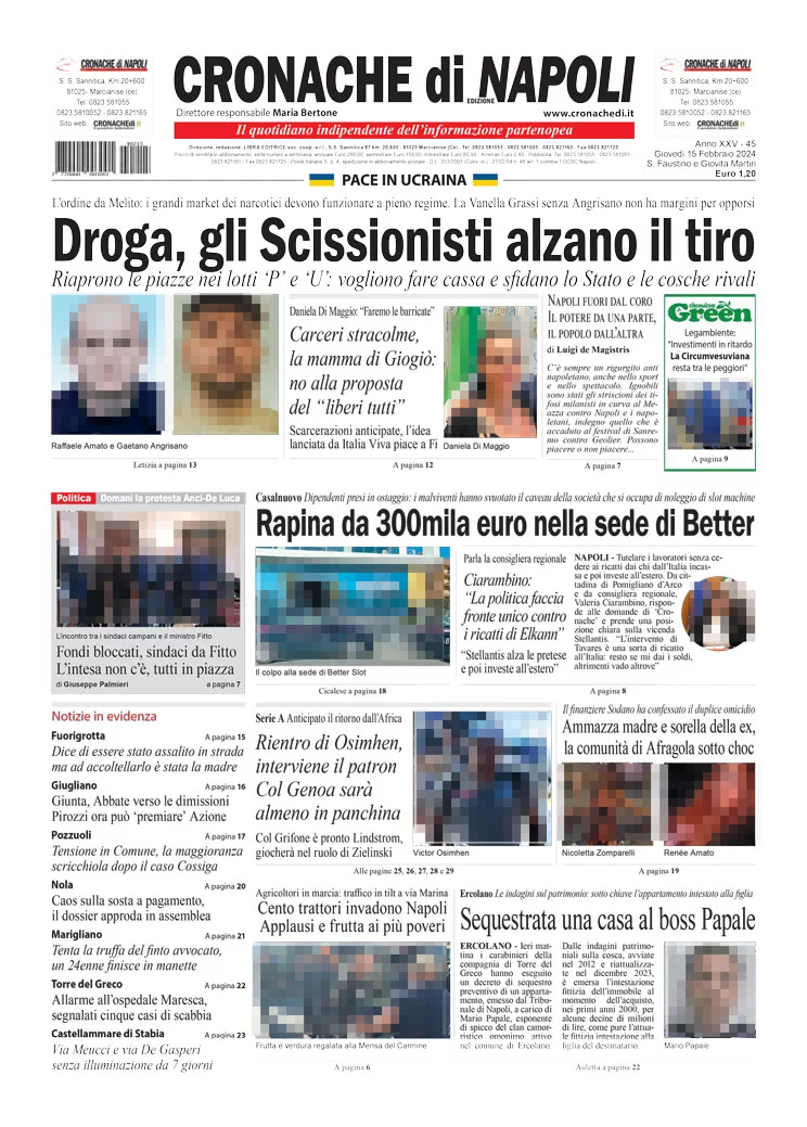 anteprima della prima pagina di cronache-di-napoli del 15/02/2024