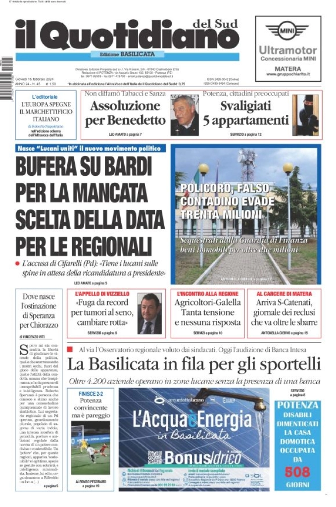 prima pagina - Il Quotidiano del Sud (Basilicata) del 15/02/2024