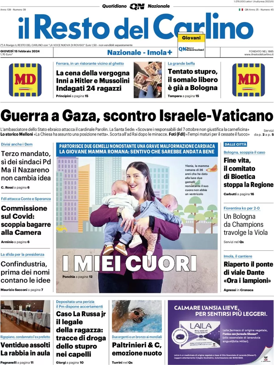 anteprima della prima pagina di il-resto-del-carlino del 15/02/2024