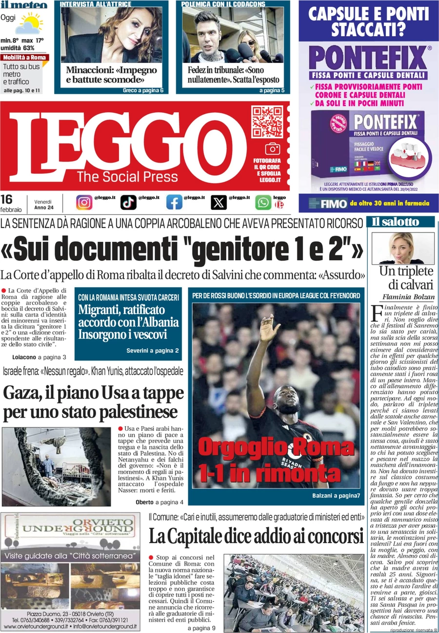 anteprima della prima pagina di leggo-roma del 16/02/2024