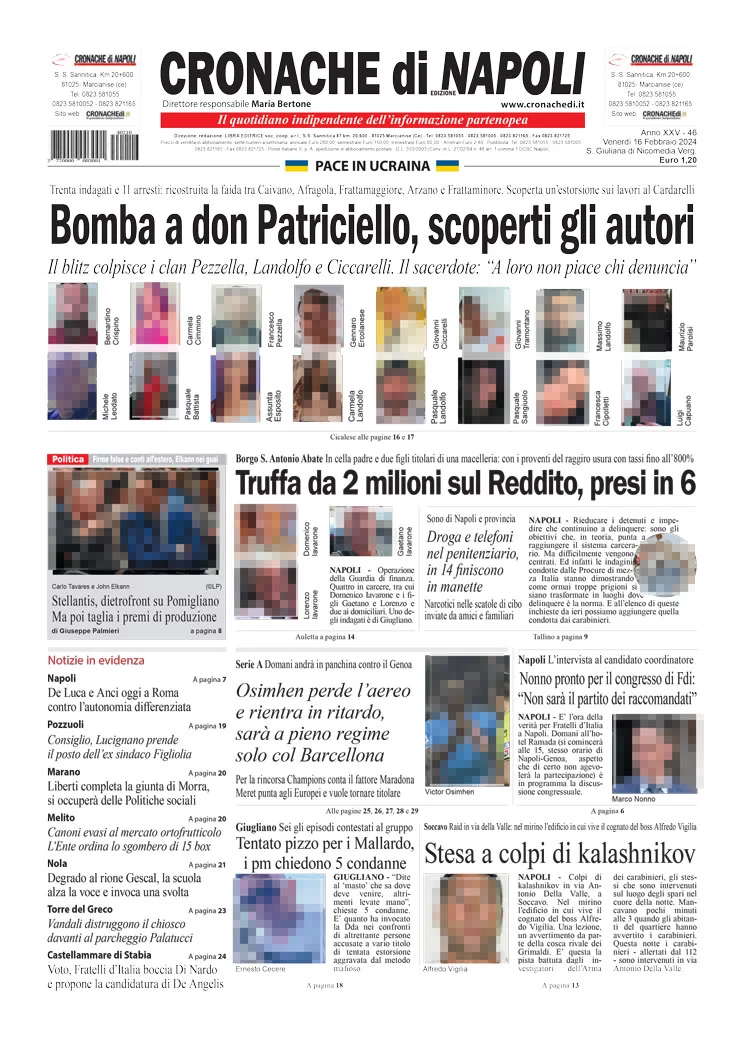 anteprima della prima pagina di cronache-di-napoli del 16/02/2024