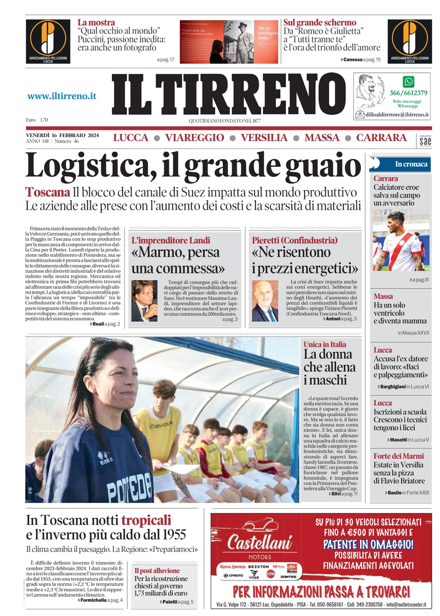 prima pagina - Il Tirreno (Lucca, Viareggio) del 16/02/2024