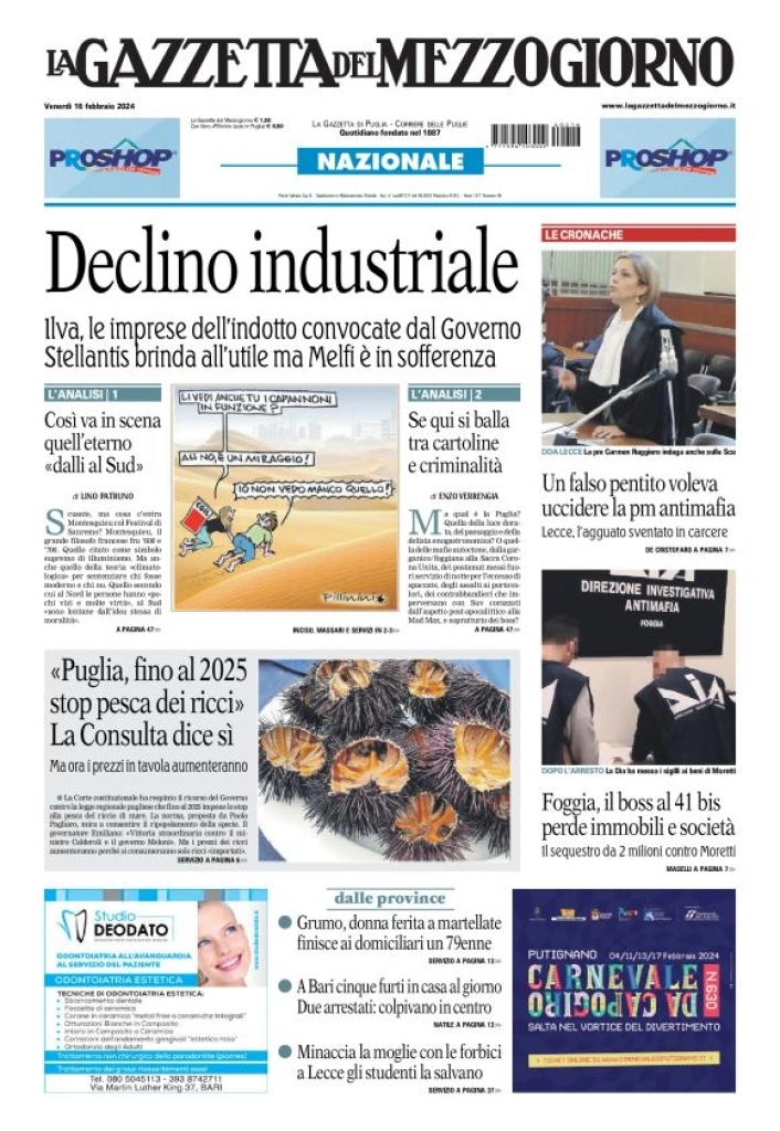 prima pagina - La Gazzetta del Mezzogiorno (Bari) del 16/02/2024