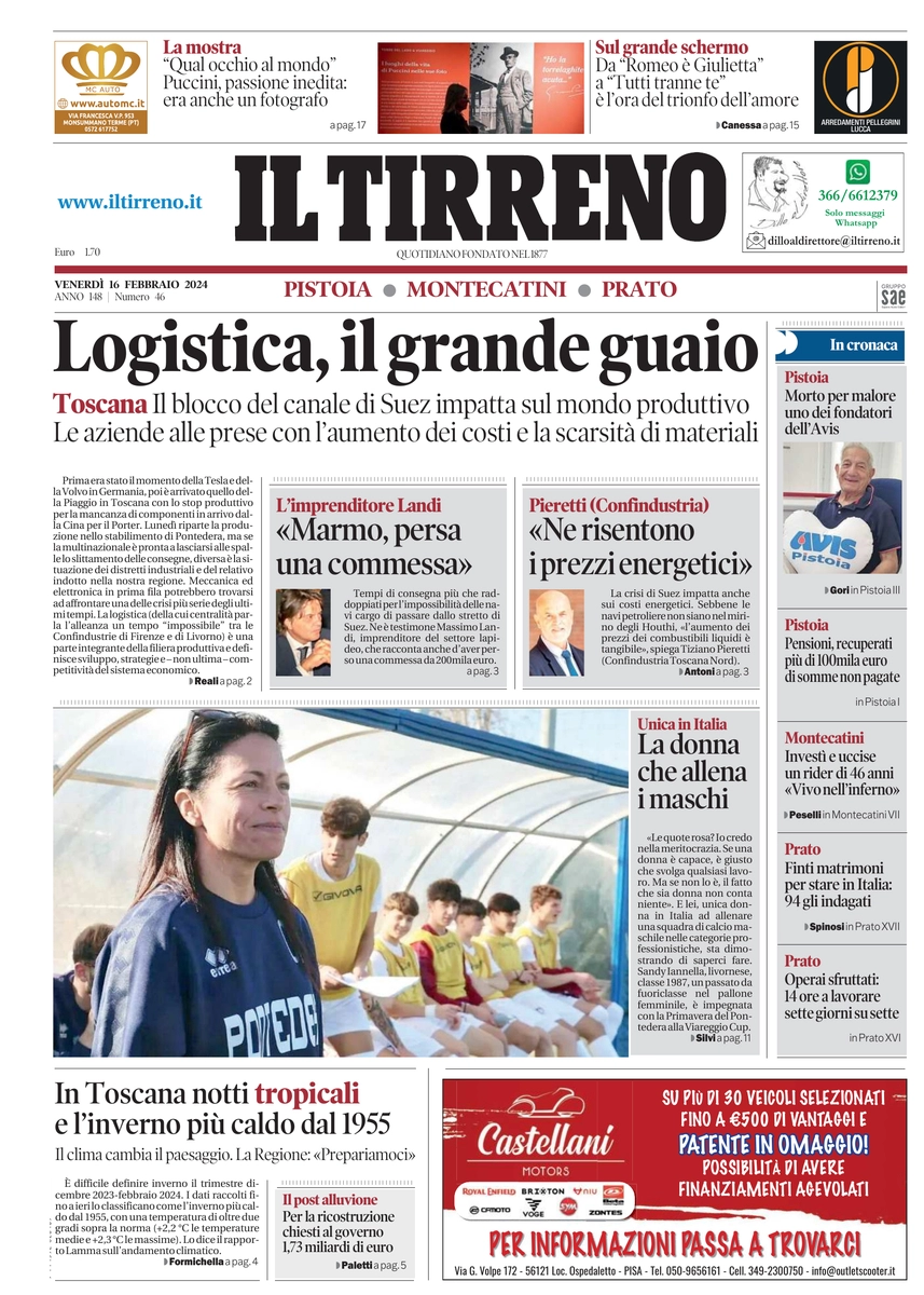 prima pagina - Il Tirreno (Pistoia, Montecatini, Prato) del 16/02/2024
