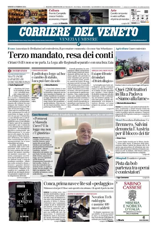 prima pagina - Corriere del Veneto del 16/02/2024
